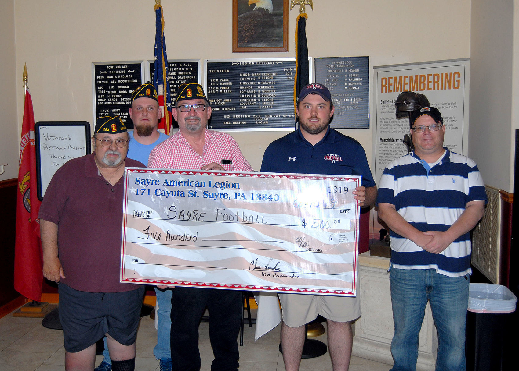 Sayre Legion donates $500 to SHS football program